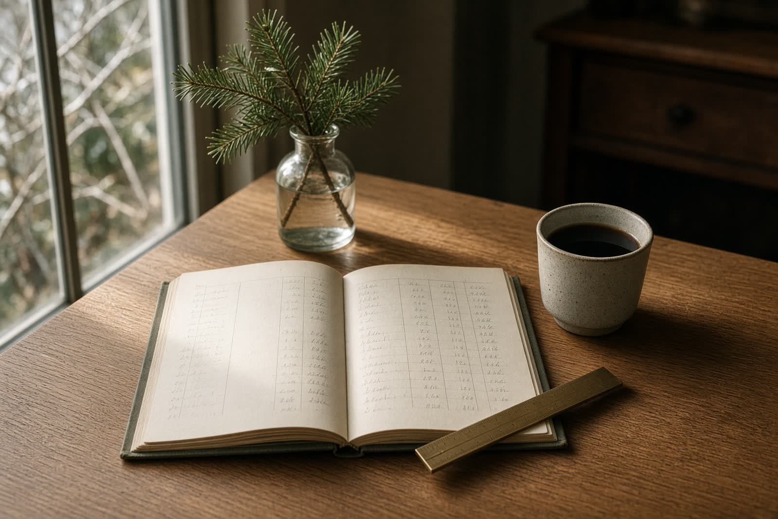 Sunlit oak desk with an open ledger, brass ruler, coffee, and a sprig of pine.